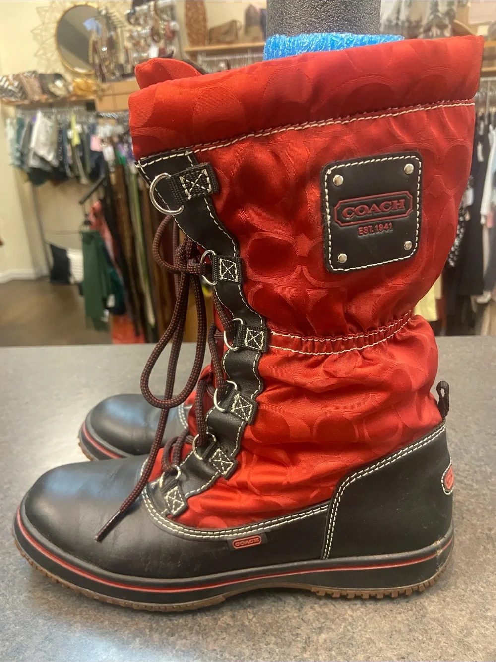 Coach Red and Black Lace-Up Winter Boots